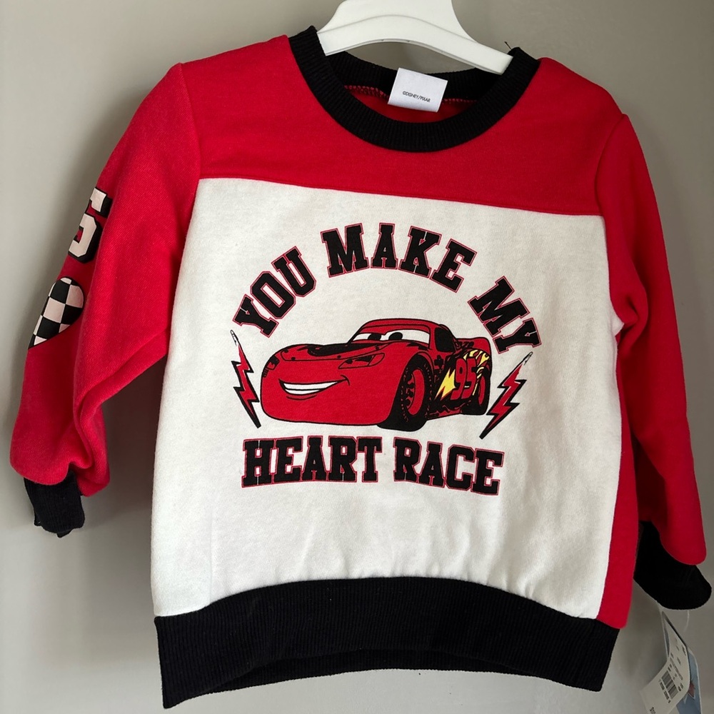 Disney Cars Red and White Sweatshirt Valentines Day Heart Race 18m